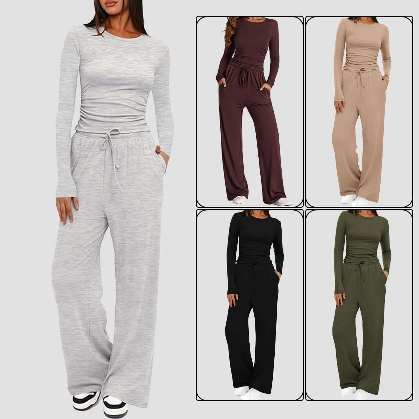 Women’s 2-Piece Lounge Set – Long Sleeve Top + High-Waist Wide-Leg