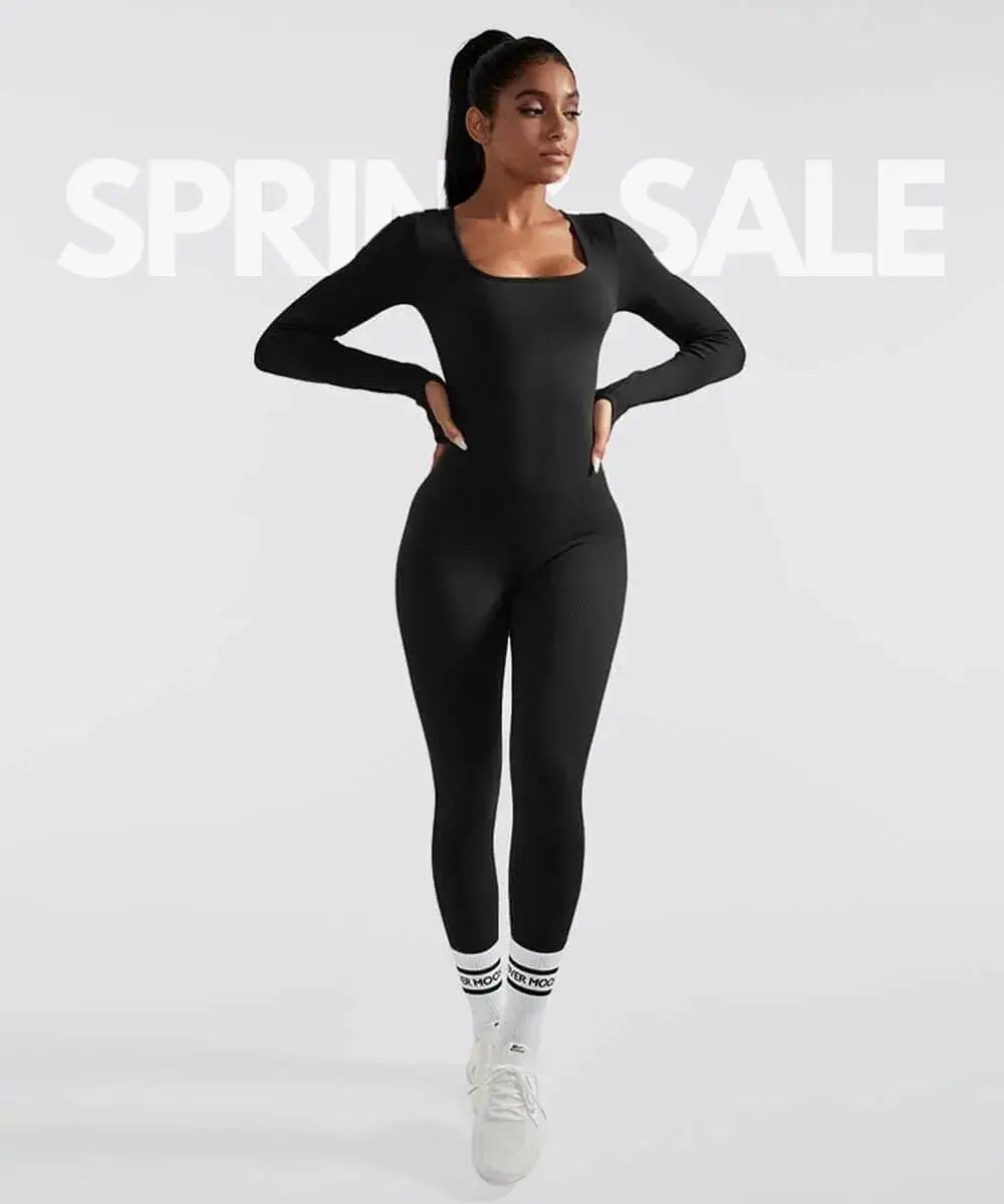 Woman wearing a black long sleeve shapewear bodysuit during spring sale