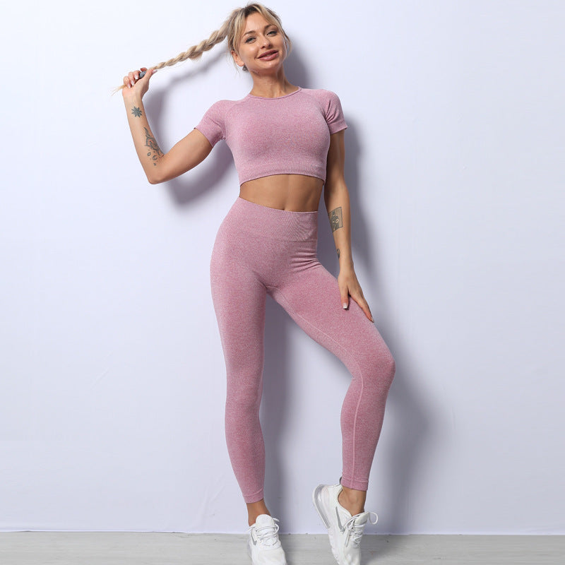 Seamless Knit Fitness Set – Short Sleeve & Yoga Trousers-Emporium Exclusive LLC  93-2909983