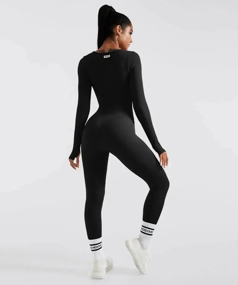 Woman wearing long sleeve shapewear bodysuit for tummy control, showcasing sleek design and versatility, perfect for stylish comfort.
