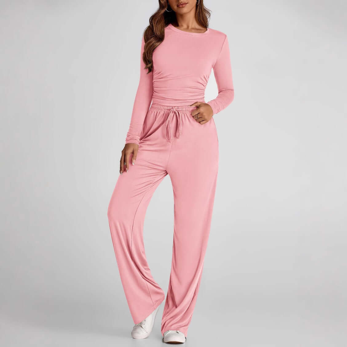 Women’s 2-Piece Lounge Set – Long Sleeve Top + High-Waist Wide-Leg