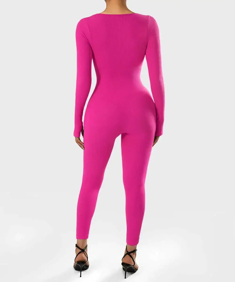 Back view of pink long sleeve shapewear bodysuit showcasing sleek design and tummy control feature.