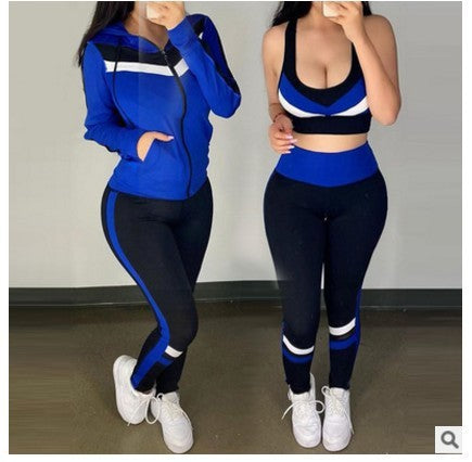 Women’s 3-Piece Hoodie Leisure Set – Spring & Autumn Outfit, casual stripe trouser suit, blue and black cotton, women fashion activewear
