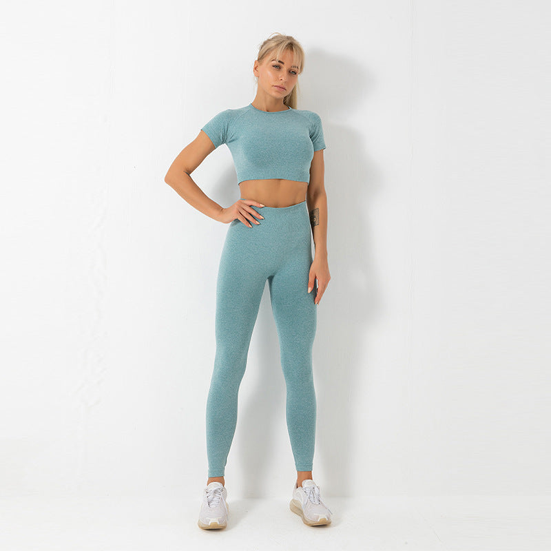Seamless Knit Fitness Set – Short Sleeve & Yoga Trousers-Emporium Exclusive LLC  93-2909983