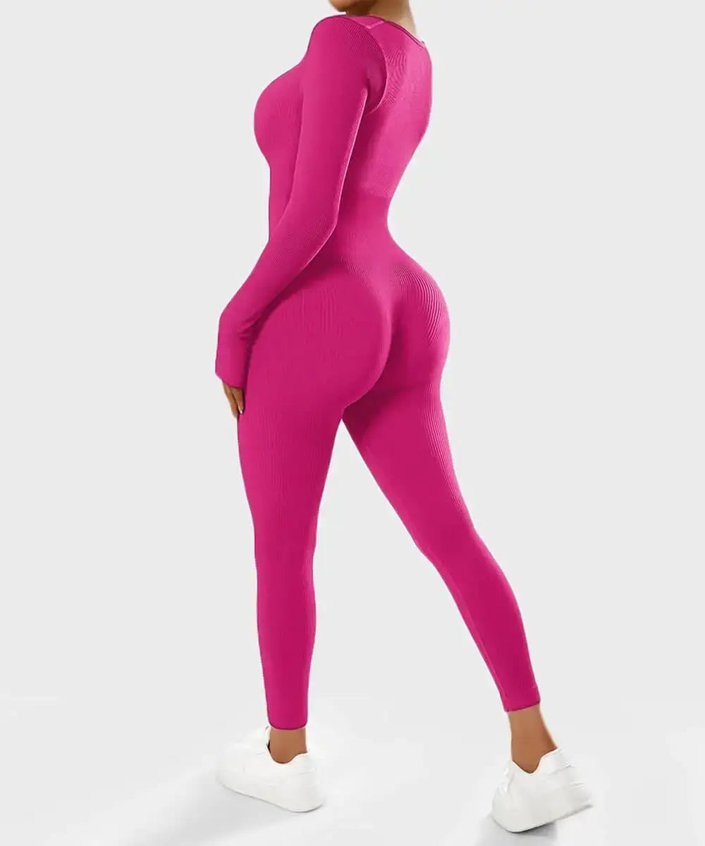 Woman wearing pink long sleeve shapewear bodysuit with tummy control