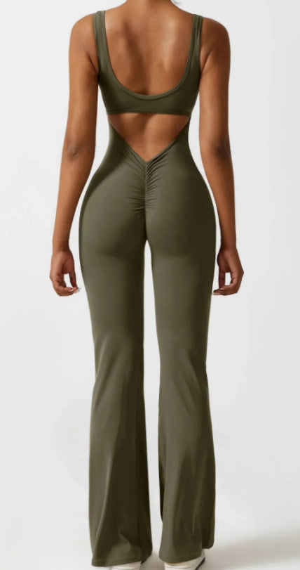 Alt Tag: Tight Yoga Bodysuit Casual Hollow Seamless Womens Clothing in olive green, back view showcasing back cut-out design and flared pants.