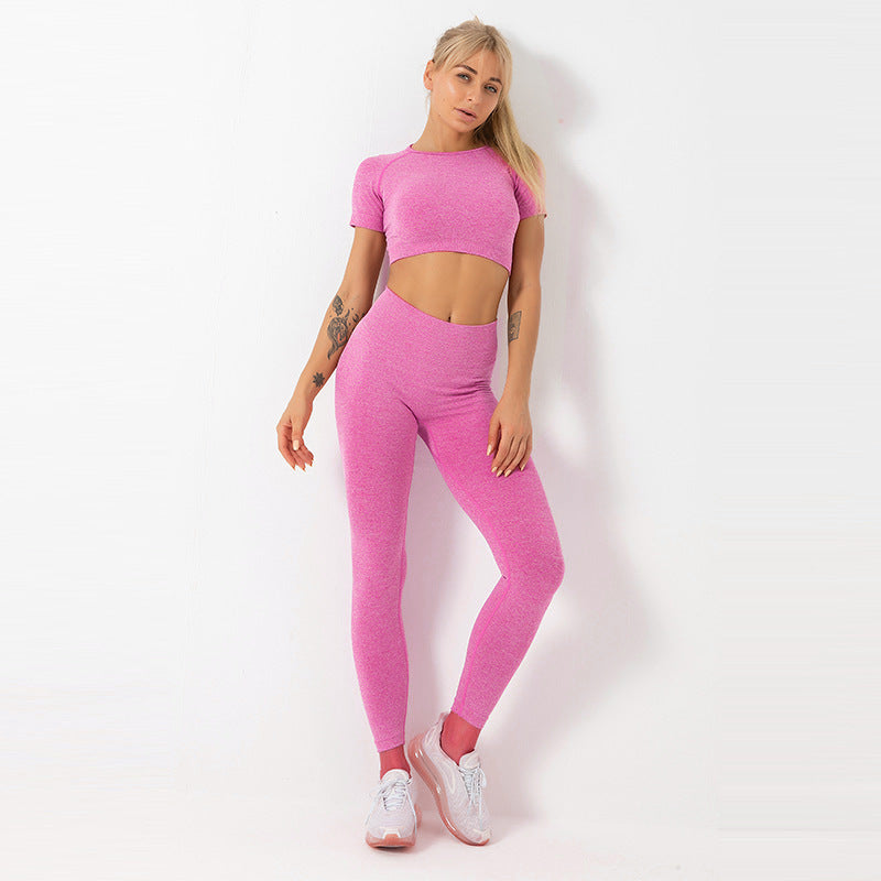 Seamless Knit Fitness Set – Short Sleeve & Yoga Trousers-Emporium Exclusive LLC  93-2909983