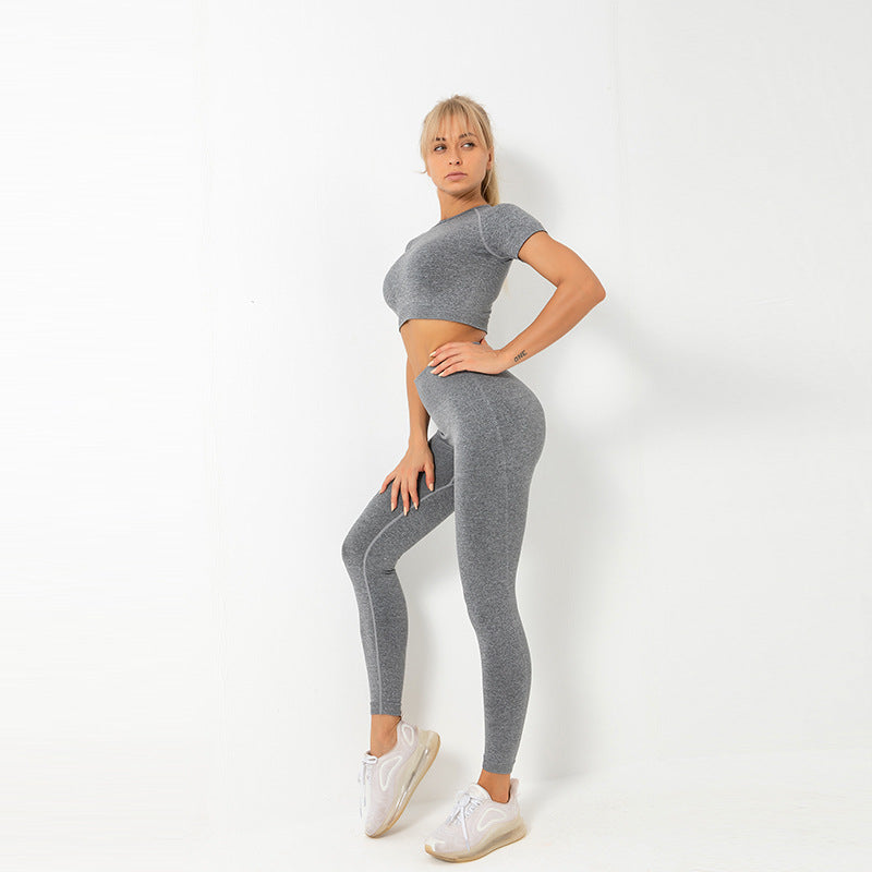 Seamless Knit Fitness Set – Short Sleeve & Yoga Trousers-Emporium Exclusive LLC  93-2909983