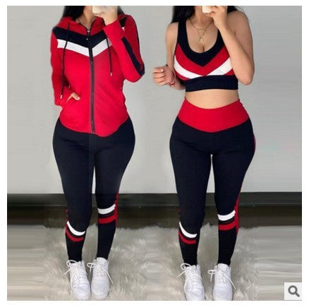 Women’s 3-Piece Hoodie Leisure Set – Spring & Autumn Outfit, casual stripe trouser suit, red and black cotton, S to XL sizes