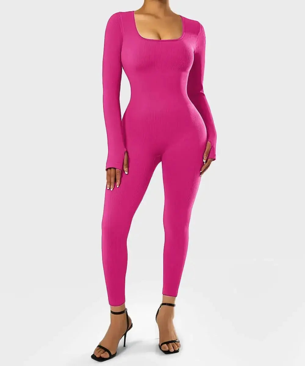 Pink long sleeve shapewear bodysuit with tummy control, designed for versatility and style.