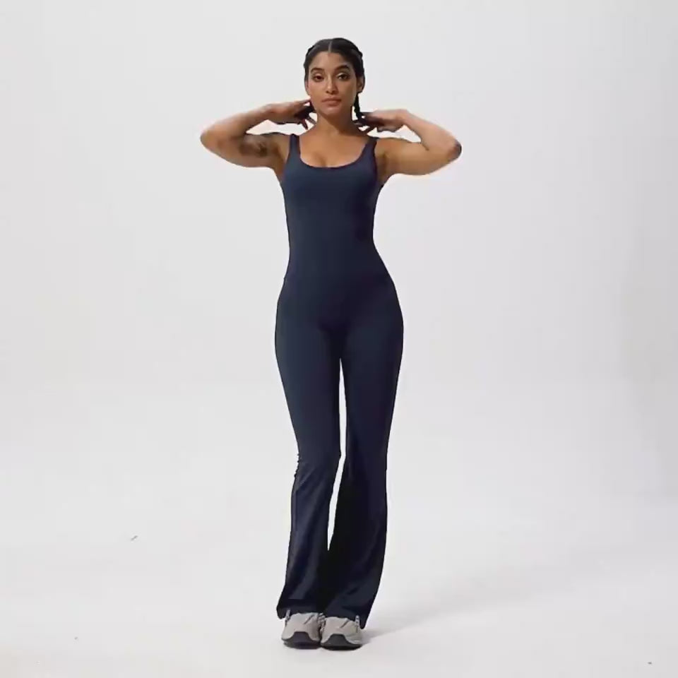 Model wearing Tight Yoga Bodysuit Casual Hollow Seamless Womens Clothing in black, mid waist, medium elastic, polyester fabric with chest pad.