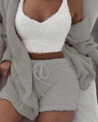 Cozy women's 3 piece lounge pajama set with cardigan, top, and shorts for ultimate comfort.