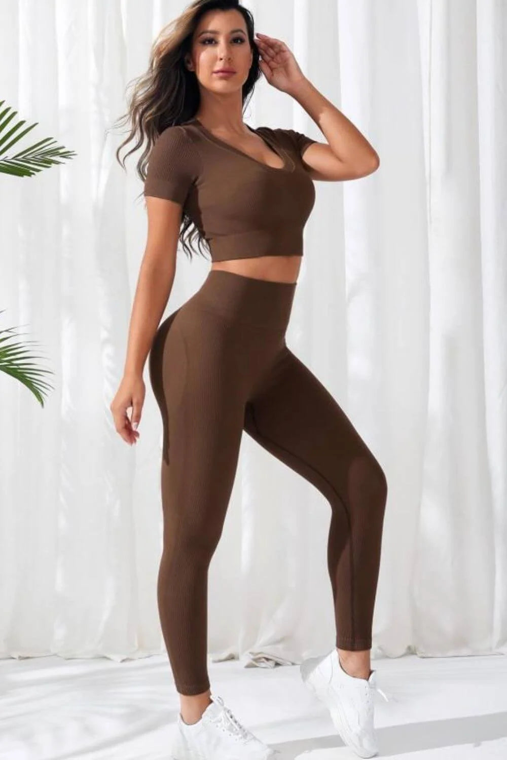 Women’s Seamless V-Neck Crop Top & High-Waist Leggings Set in brown, ideal for yoga with a sporty style and slim fit, featuring short sleeves.