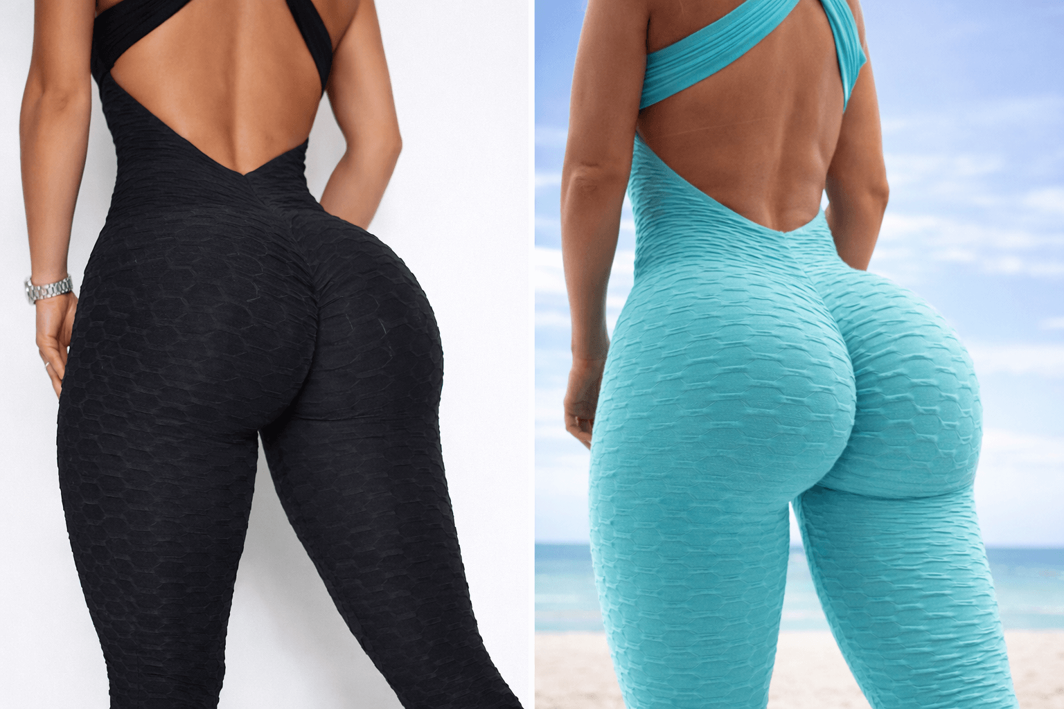 Woman wearing trendy women's bodysuits in gym, looking at herself in mirror with weights.