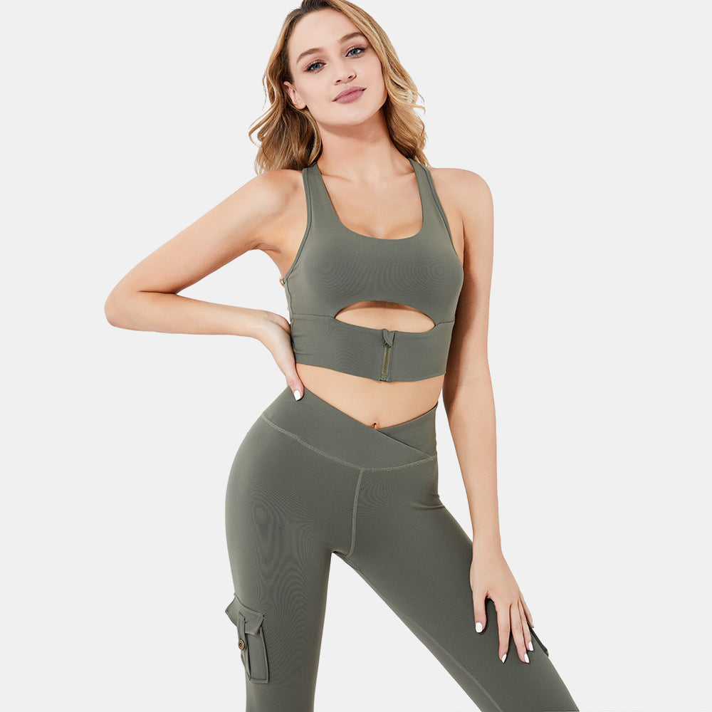 Women Yoga Set Padded Bra With Zipper High Waist Legging Yoga Cargo Pants With Pocket Set