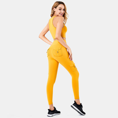 Women Yoga Set Padded Bra With Zipper High Waist Legging Yoga Cargo Pants With Pocket Set