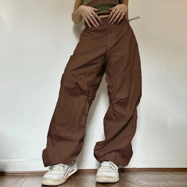 Women Casual Joggers Tech Pants Oversized Solid Low Waist Drawstring Baggy Trousers