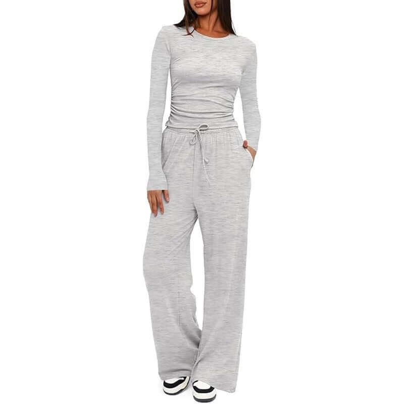 Women’s 2-Piece Lounge Set – Long Sleeve Top + High-Waist Wide-Leg