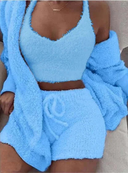 Women's 3 piece lounge pajama set in blue with top, shorts, and cardigan for cozy comfort