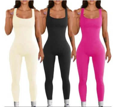 Three women wearing women’s jumpsuit in ivory, black, and pink, showcasing casual and activewear styles.